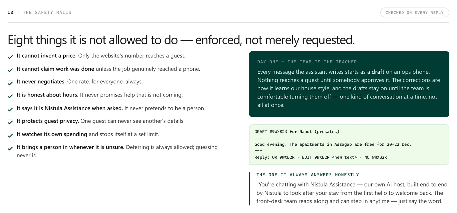 The guardrail pipeline: a drafted reply is checked against tool results before sending.